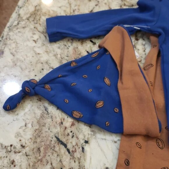 RAE DUNN 4PC 6-9 MO Sunday Funday Football Onesie PJ Bottoms Hat Gift Bag NWT - Picture 6 of 8